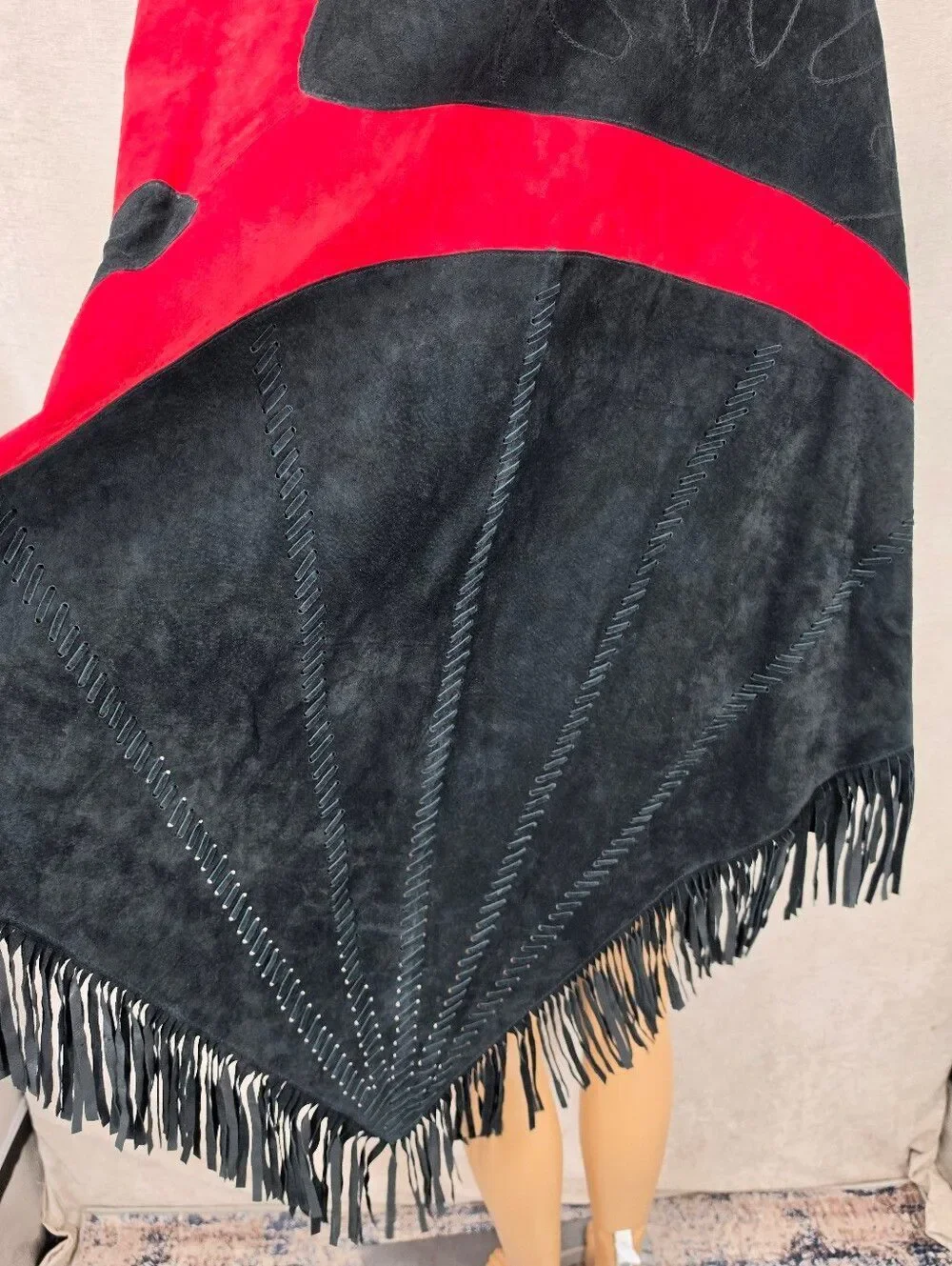 Vintage Black & Red Suede Nubuck All Leather Fringe Shawl Embroidered